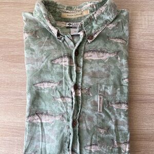 Columbia River Lodge Green Fish Pattern Button Down Shirt